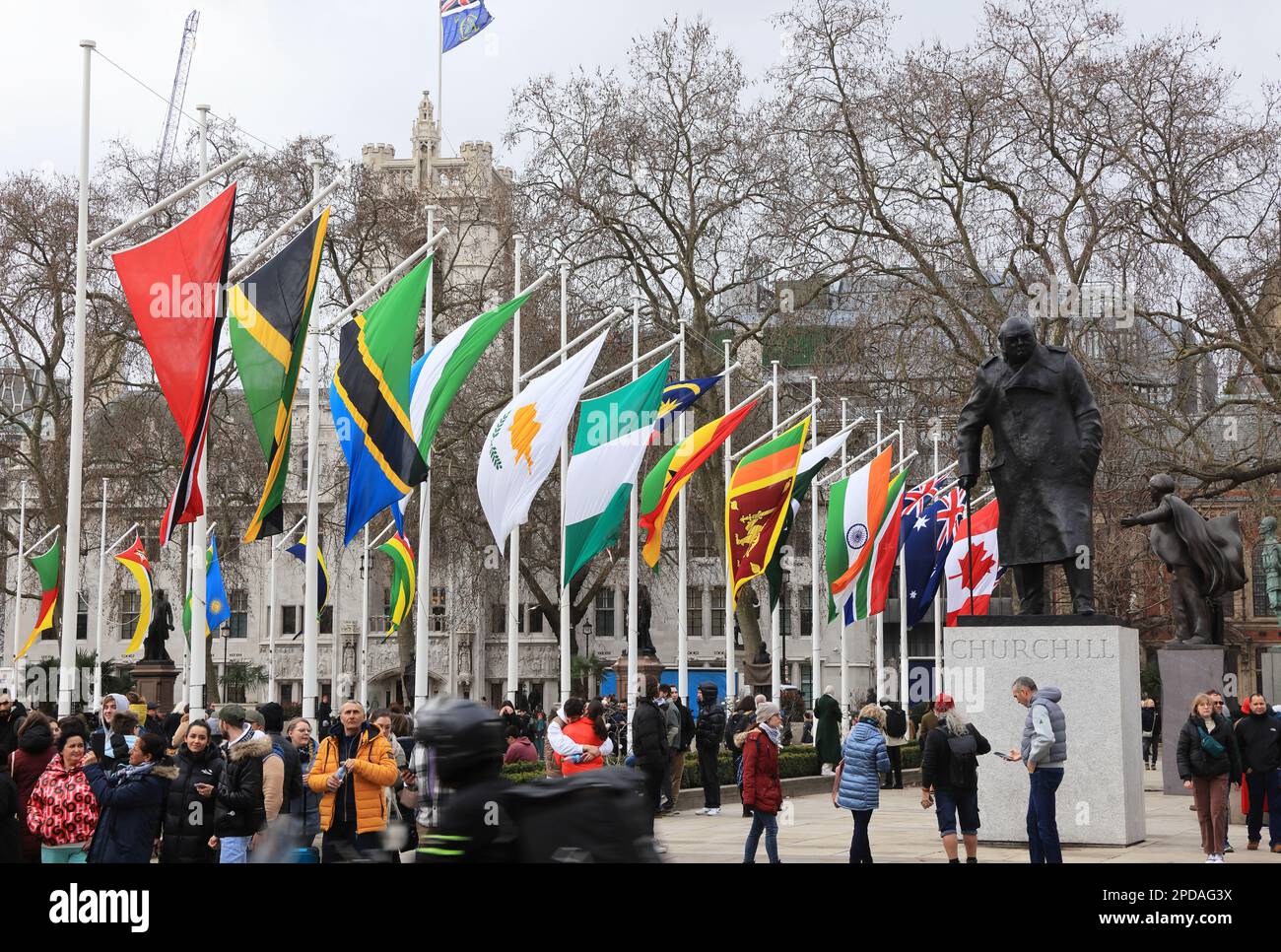 Flags up for all the Commonwealth country flags on Parliament Square