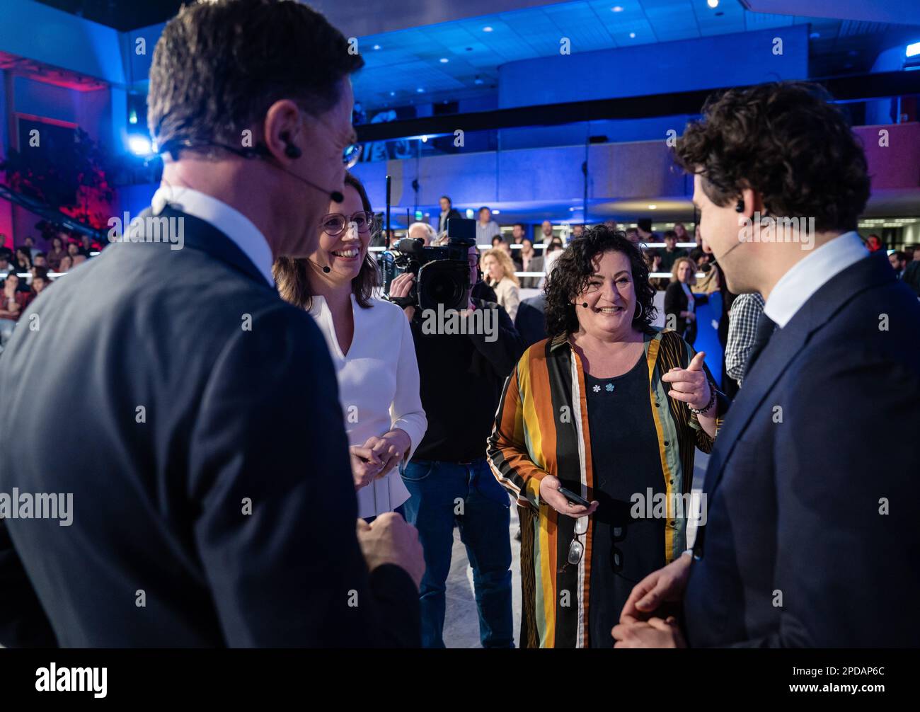 DEN BOSCH - 14/03/2023, Mark Rutte (VVD), Mirjam Bikker (ChristenUnie), Caroline  van der Plas (BBB) and Jesse Klaver (Groenlinks) prior to the television  debate of the NOS in the run-up to the