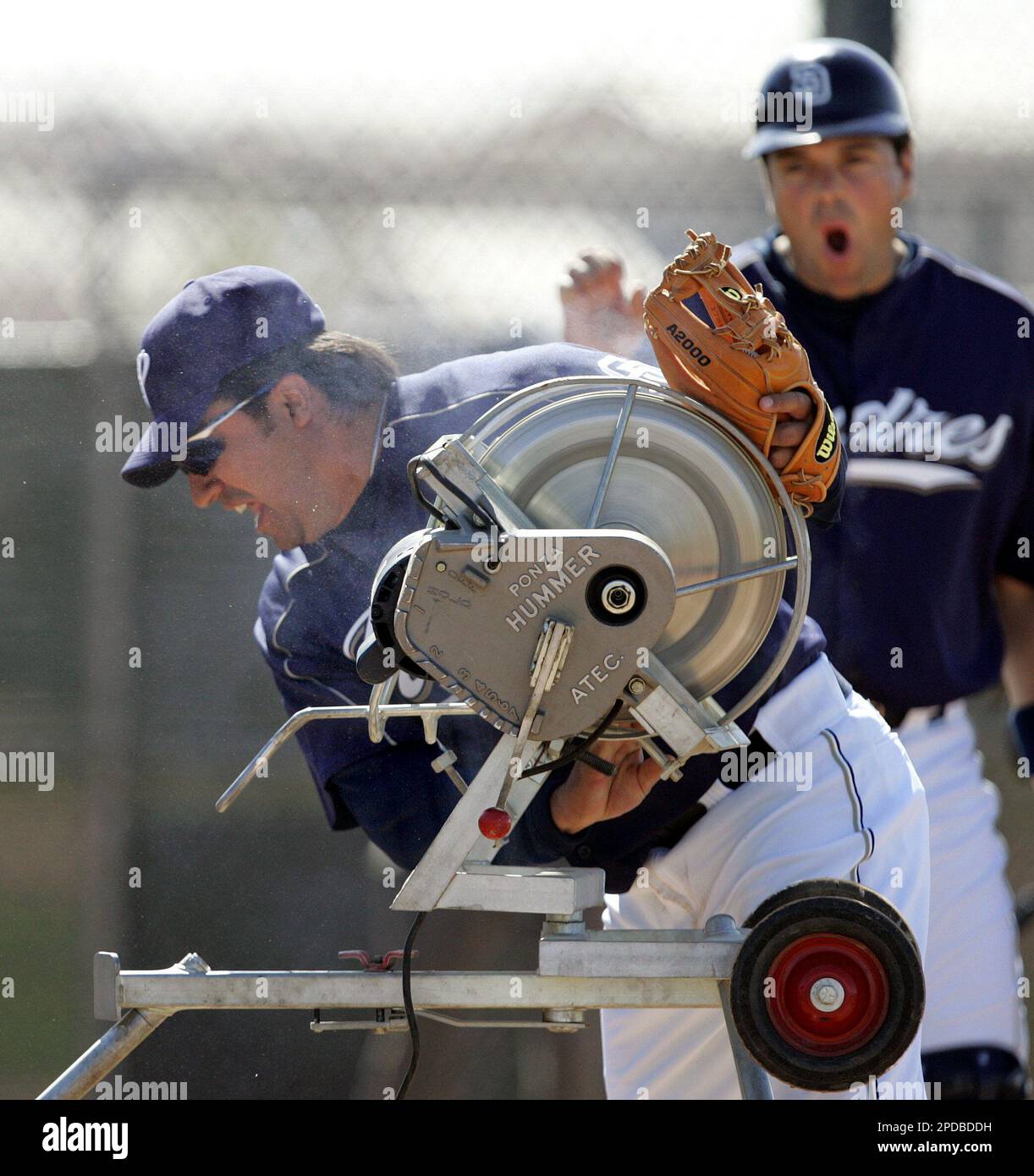 San Diego Padres catcher Mike Piazza, right, reacts as third