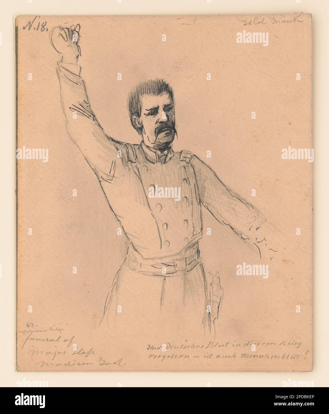 Lieutenant Colonel William G. Mank provides the eulogy at the funeral of Lieutenant Colonel Jacob Glass, Madison, Indiana, 1863. Forms part of the Adolph Metzner American Civil War Collection at the Library of Congress, FForms part of the Documentary Drawing filing series , Purchase; E. Burns Apfeld; 2014; (DLC/PP-2014:188), Blood shed in this war: Civil War illustrations by Captain Adolph Metzner, 32nd Indiana / Michael A. Peake. Indianapolis : Indiana Historical Society Press, 2010, p. 66. Mank, William G, 1831-1887, Public appearances, Indiana, Madison, United States, History, Civil War, 18 Stock Photo