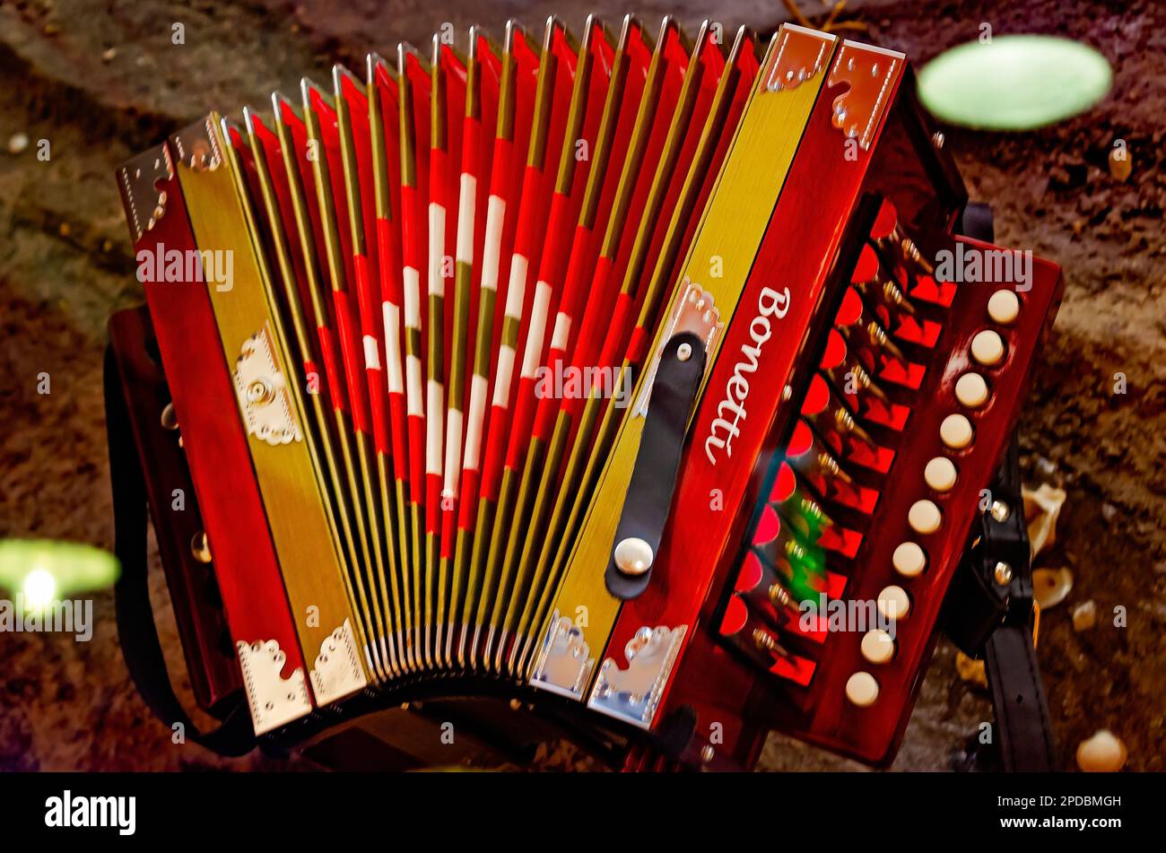 A Bonetti zydeco accordion is displayed at GulfQuest National Maritime Museum of the Gulf of Mexico, March 3, 2023, in Mobile, Alabama. Stock Photo