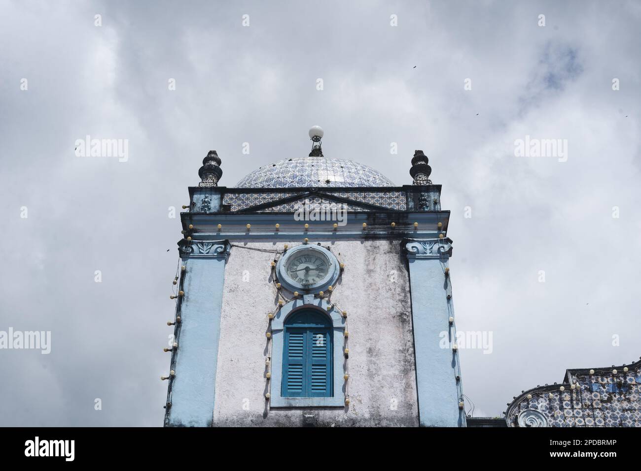 Valenca, Bahia, Brazil - September 10, 2022: View of one of the towers of the church of Nossa Senhora do Amparo in the city of Valenca, Bahia. Stock Photo
