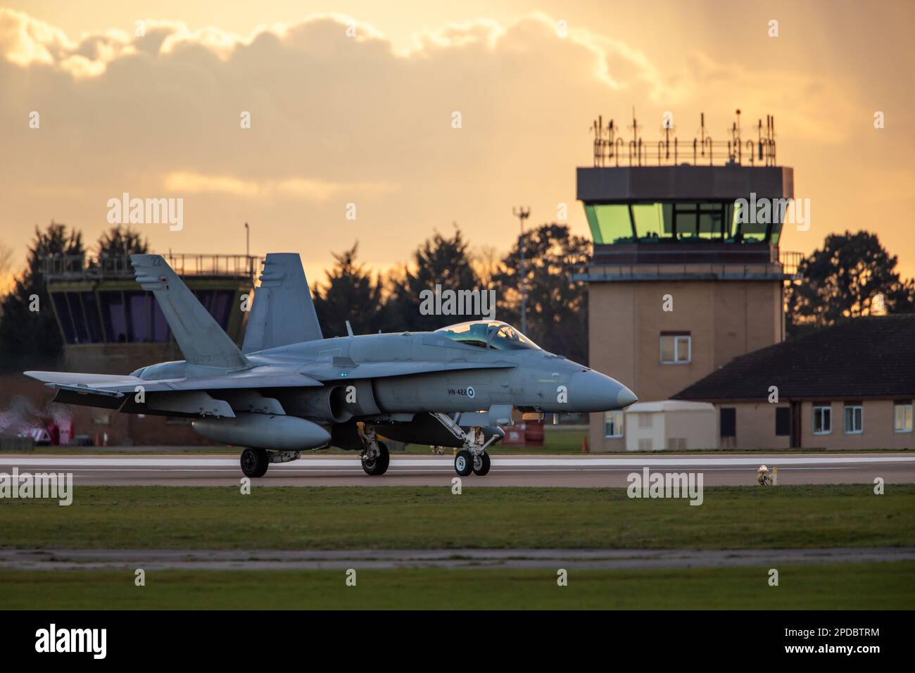Finnish Air Force McDonnell Douglas F/A-18C Hornet taxiing at RAF Waddington during Exercise Cobra Warrior 2023. Stock Photo