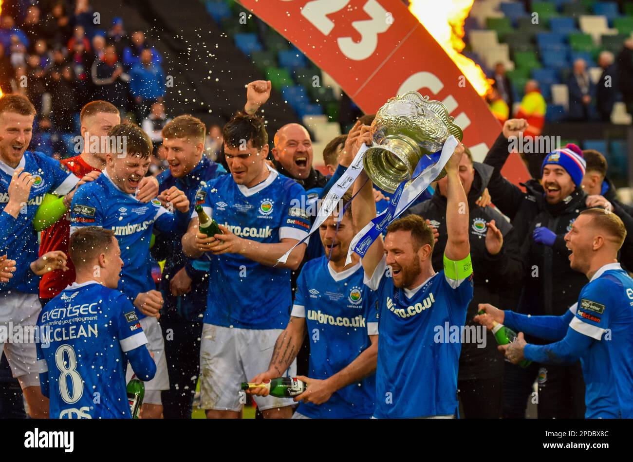 Jamie Mulgrew, Linfield FC player, lifts the League Cup. BetMcLean Cup Final 2023, Linfield Vs Coleraine. National Stadium at Windsor Park, Belfast. Stock Photo