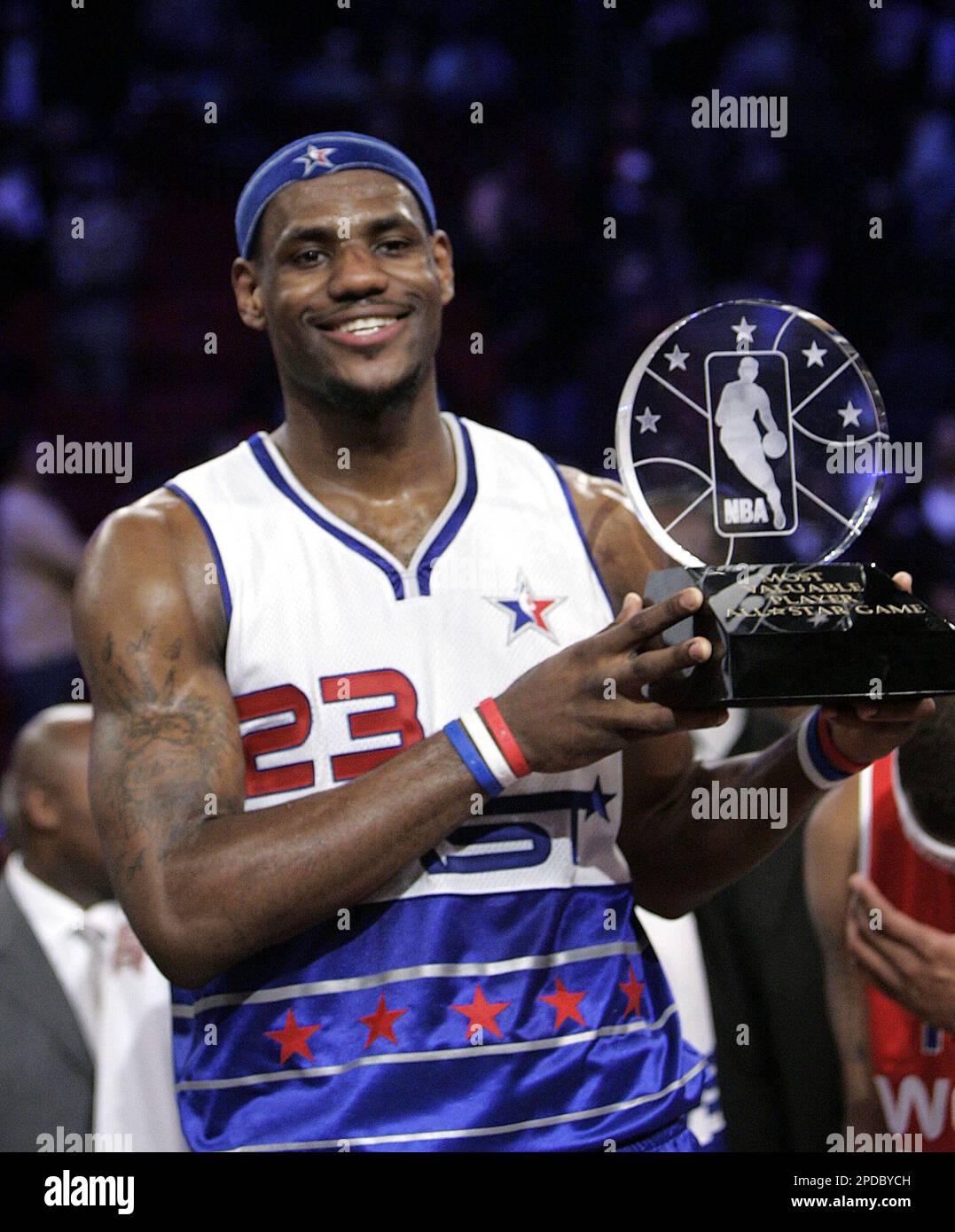 Cleveland Cavaliers LeBron James displays the MVP trophy