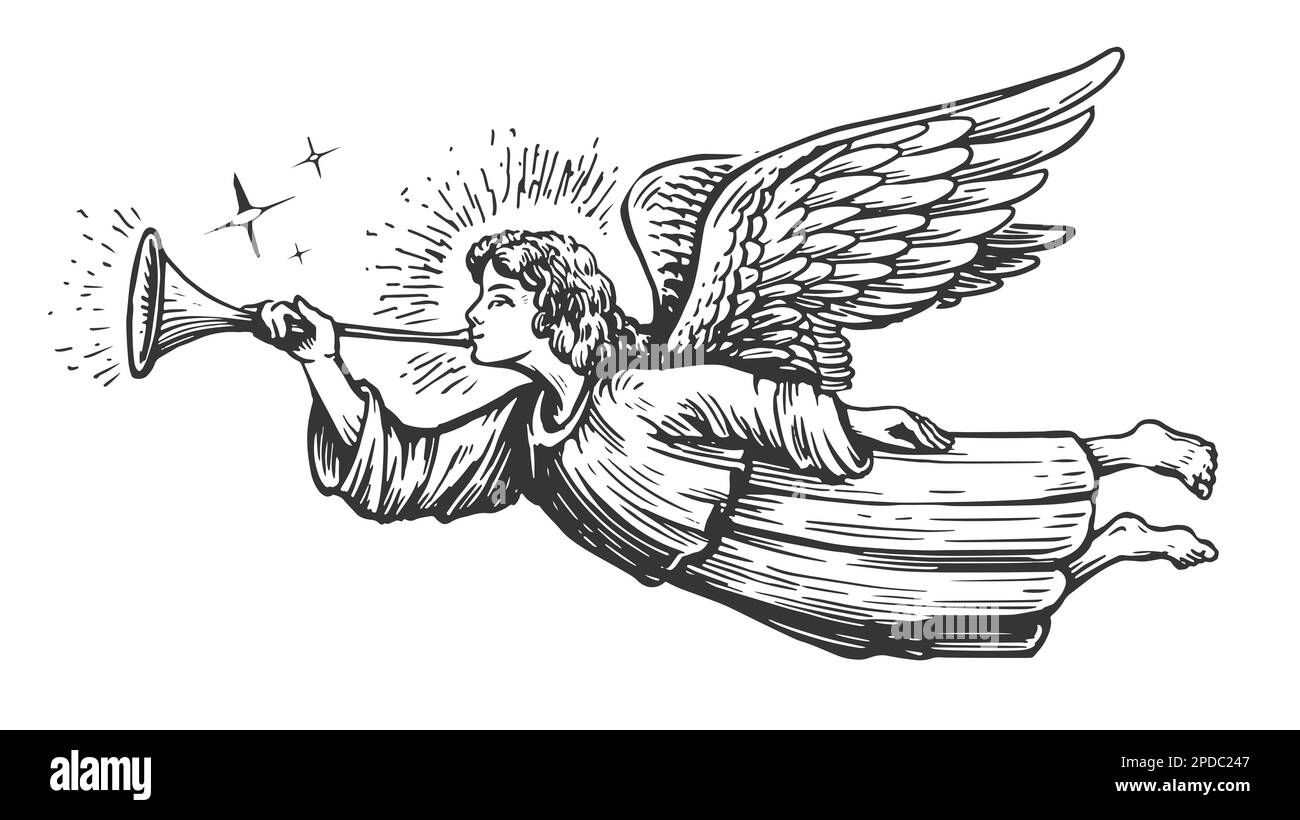 Christmas Angel flying and trumpet on pipe. Religious holiday. Hand drawn illustration in vintage engraving style Stock Photo