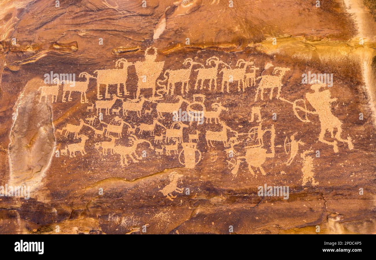The famous Great Hunt indigenous people Petroglyph in Price, Utah Stock Photo