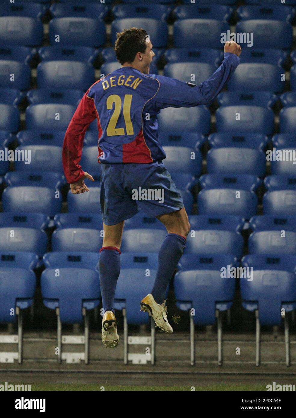 Basel's David Degen from Switzerland celebrates after he scoored the 1-0  during the UEFA Cup first leg match between FC Basel and AS Monaco at the  St. Jakob-Park stadium in Basel, Switzerland,