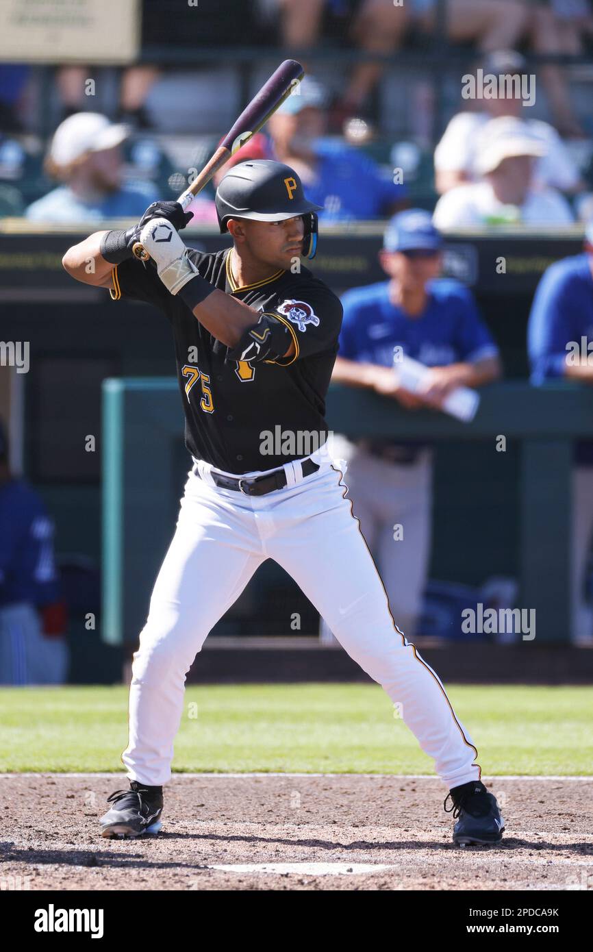 BRADENTON, FL - MARCH 07: Pittsburgh Pirates first baseman Endy Rodriguez  (25) fields his position during an MLB Spring Training game against the  Toronto Blue Jays on March 07, 2023 at LECOM