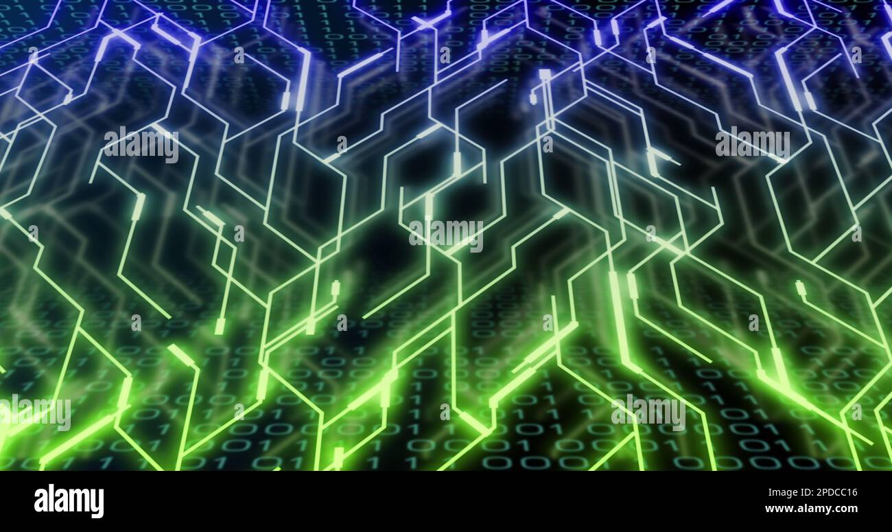 Image of binary coding over neon network of connections Stock Photo