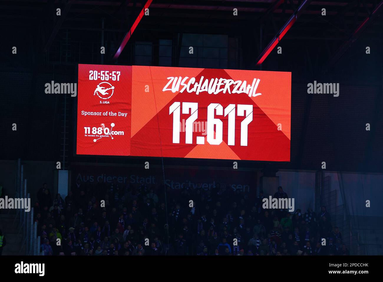 ESSEN, GERMANY. Football 3.Liga, Rot-Weiss Essen v VfL Osnabrueck. 14 March 2023. Matchday 27, Season 2022/2023. Scoreboard displays the official attendance. Credit: Ant Palmer / Alamy Live News  DFB regulations prohibit any use of photographs as image sequences and/or quasi-video Stock Photo