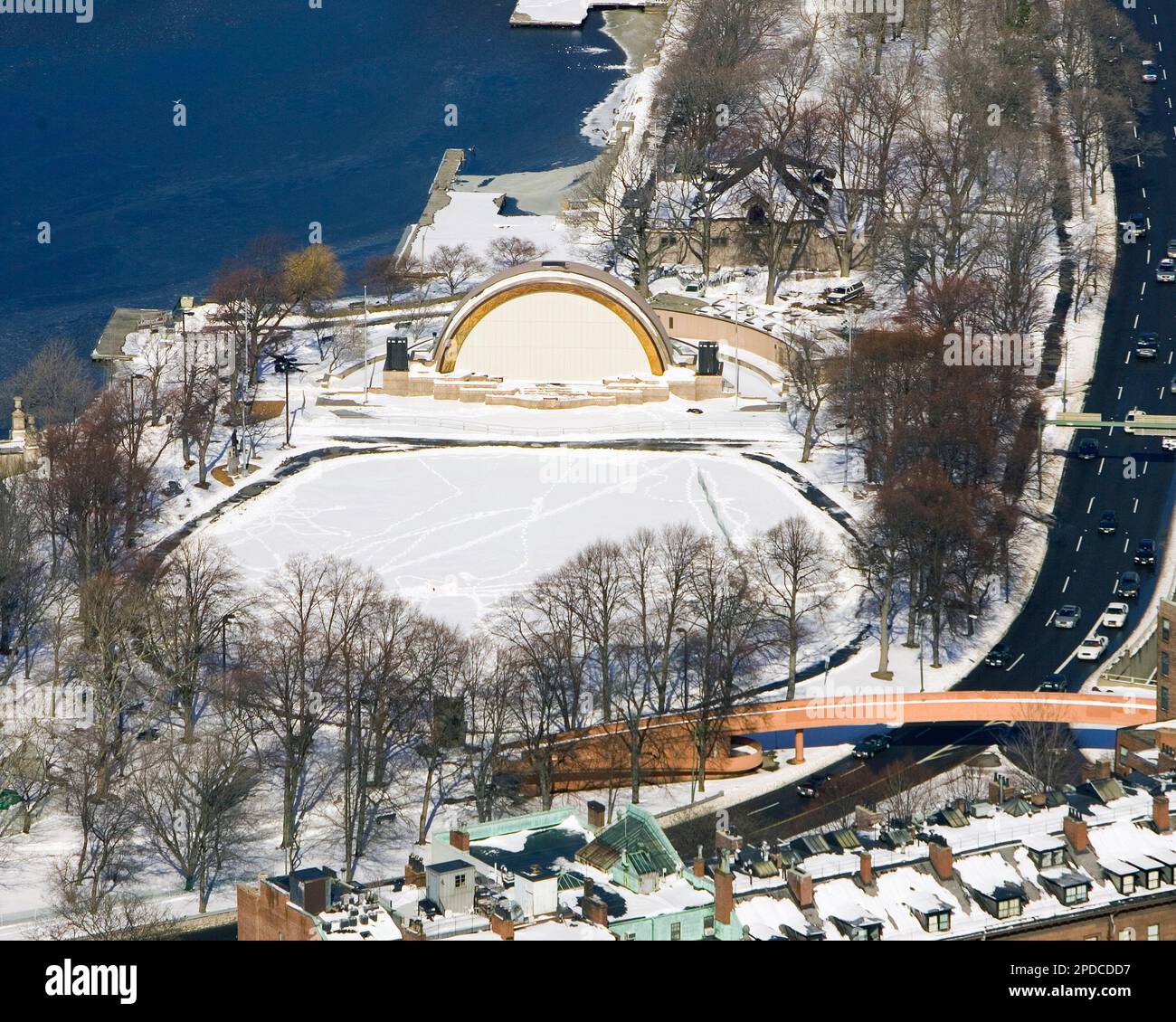 The Hatch Memorial Shell and the Arthur Fiedler Footbridge are seen ...