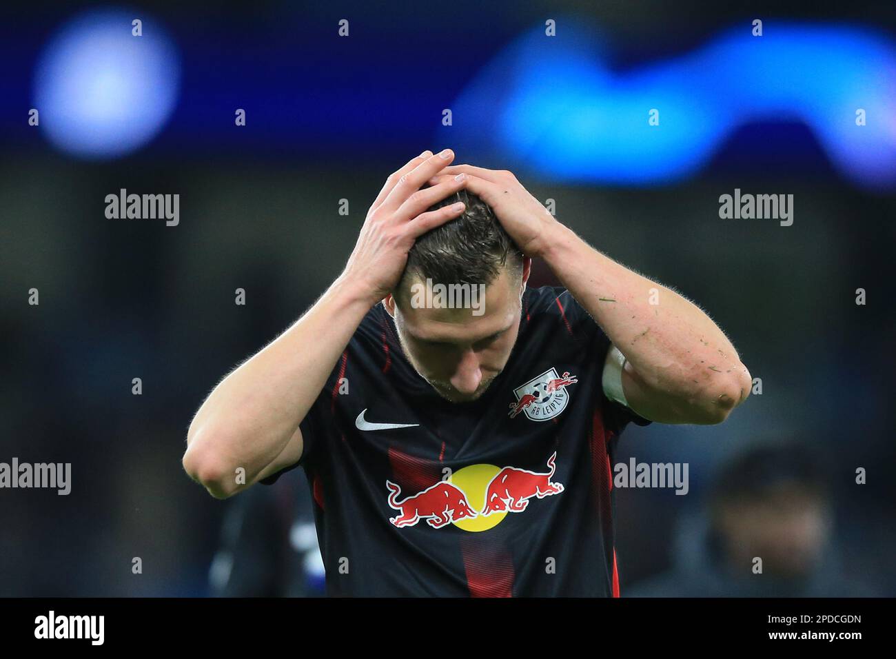 Manchester, UK. 14th Mar, 2023. Soccer: Champions League, Manchester City - RB Leipzig, knockout round, round of 16, second leg at Etihad Stadium, Leipzig's Willi Orban reacts after the match. Credit: Parnaby Lindsey/dpa/Alamy Live News Stock Photo