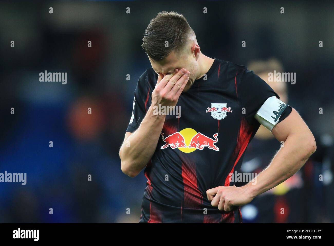 Manchester, UK. 14th Mar, 2023. Soccer: Champions League, Manchester City - RB Leipzig, knockout round, round of 16, second leg at Etihad Stadium, Leipzig's Willi Orban reacts after the match. Credit: Parnaby Lindsey/dpa/Alamy Live News Stock Photo