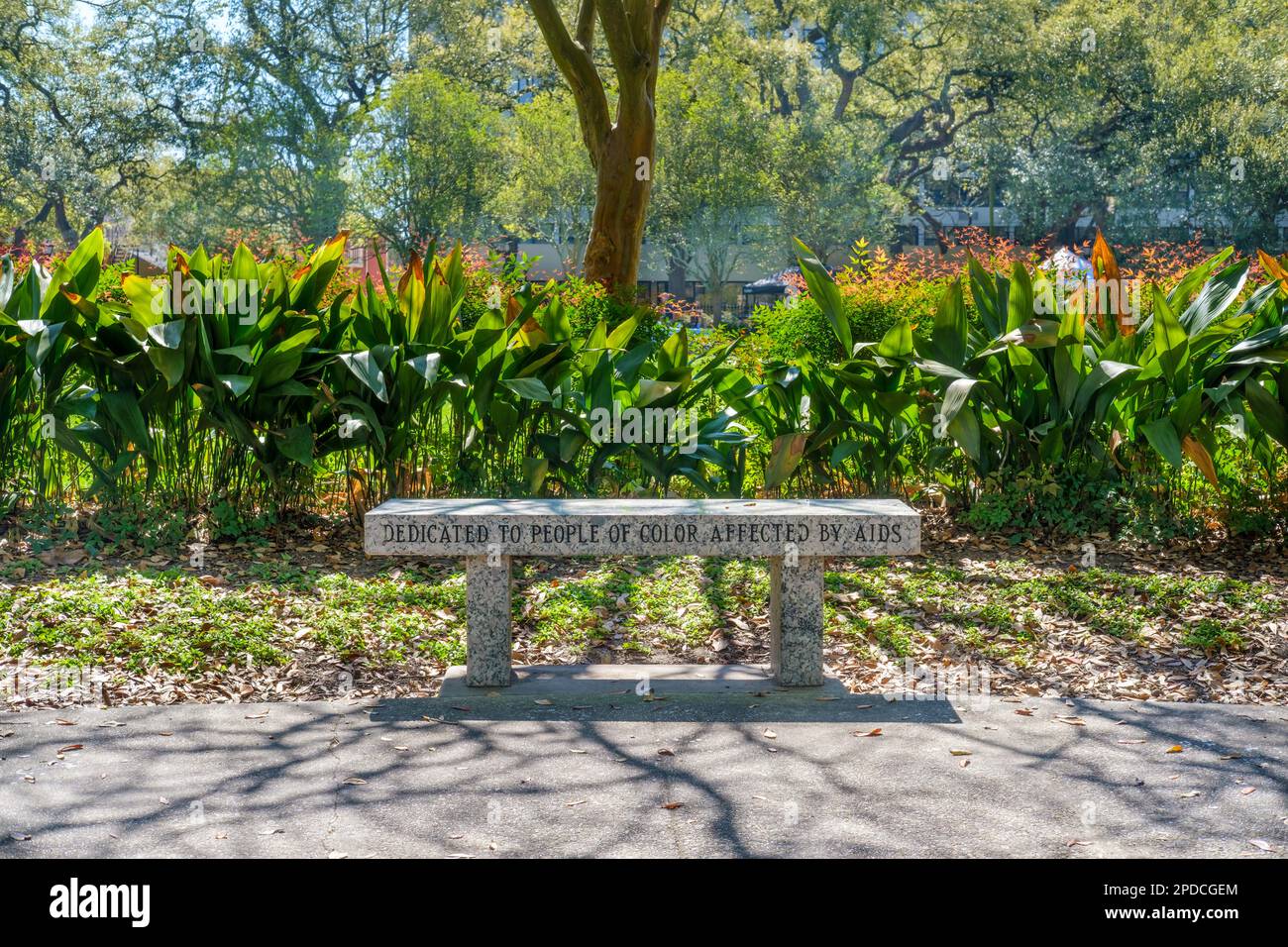 NEW ORLEANS, LA, USA - MARCH 5, 2023: Park Bench in Ellis Marsalis Square inscribed with 'Dedicated to People of Color Affected by AIDS' Stock Photo