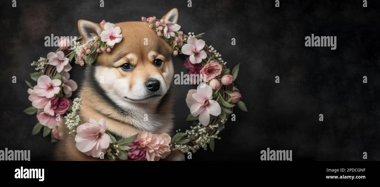 Cute fluffy Shiba Inu puppy with a wreath of flowers, portrait. Template for postcard, layout with copy space, print ready image Stock Photo