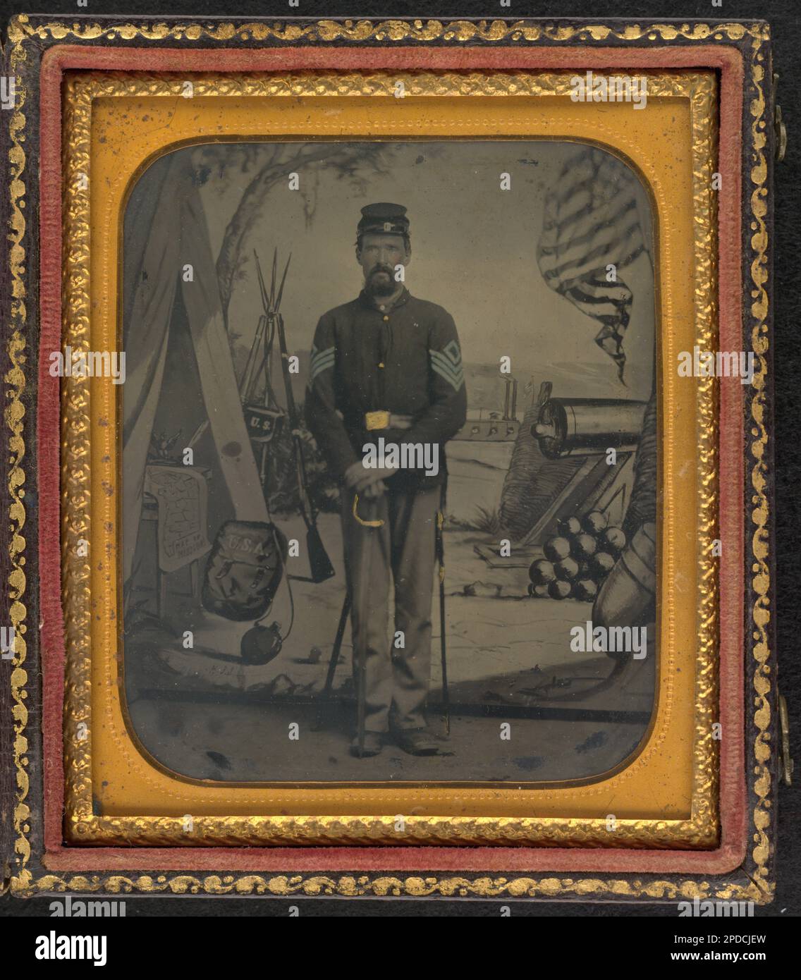 Unidentified soldier in uniform with sword in front of painted backdrop