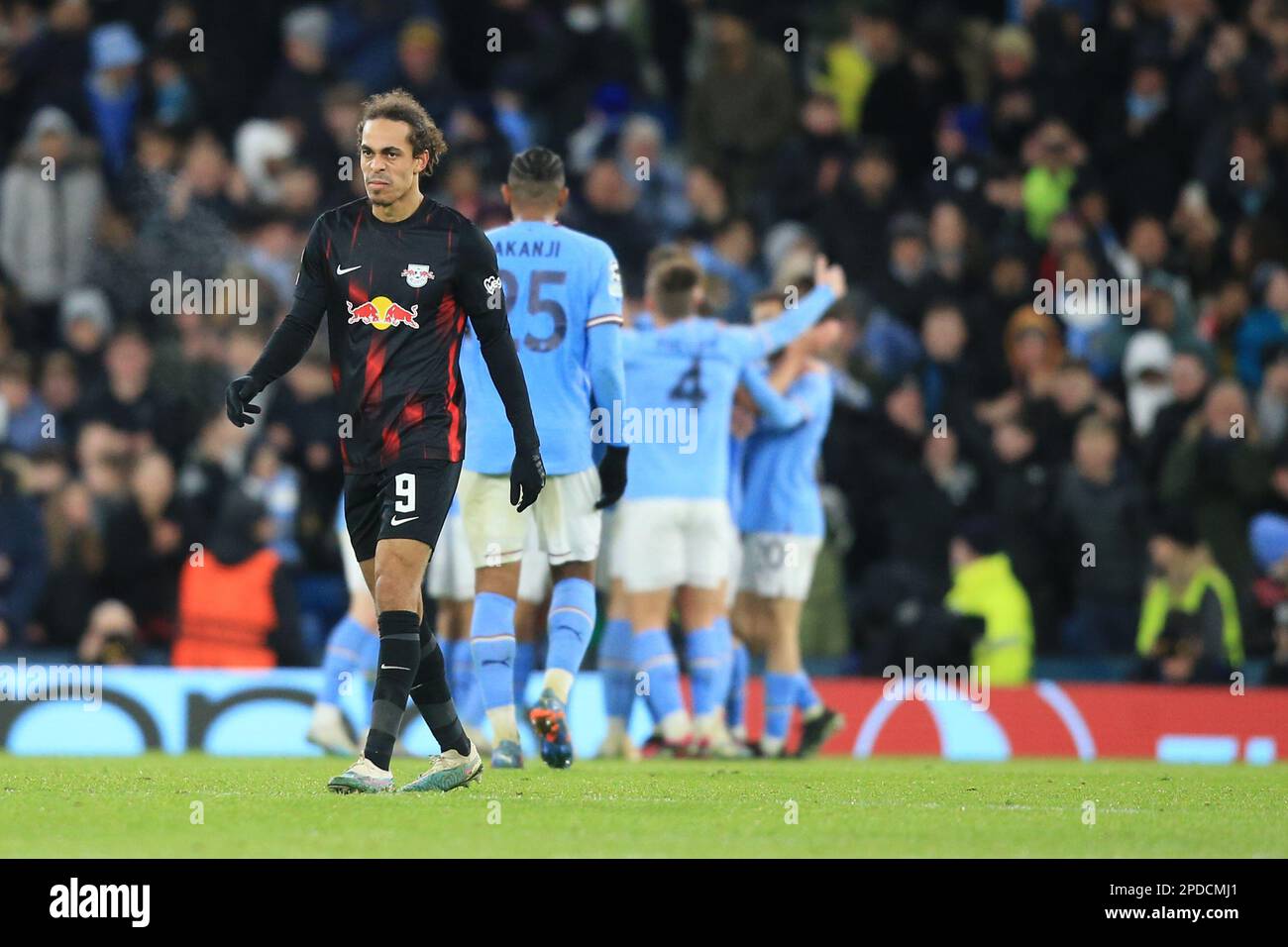 Manchester, UK. 14th Mar, 2023. Soccer: Champions League, Manchester City - RB Leipzig, knockout round, round of 16, second leg at Etihad Stadium, Leipzig's Yussuf Poulsen leaves after the match. Credit: Parnaby Lindsey/dpa/Alamy Live News Stock Photo