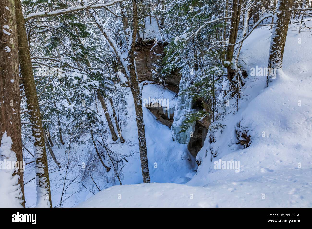 Cliff and ice column along Munising Ski Trails at Pictured Rocks