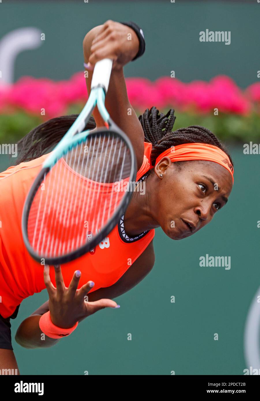 March 14, 2023 Coco Gauff serves against Rebecca Peterson of Sweden