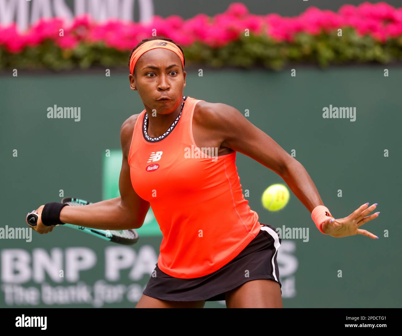 March 14, 2023 Coco Gauff returns a shot against Rebecca Peterson of