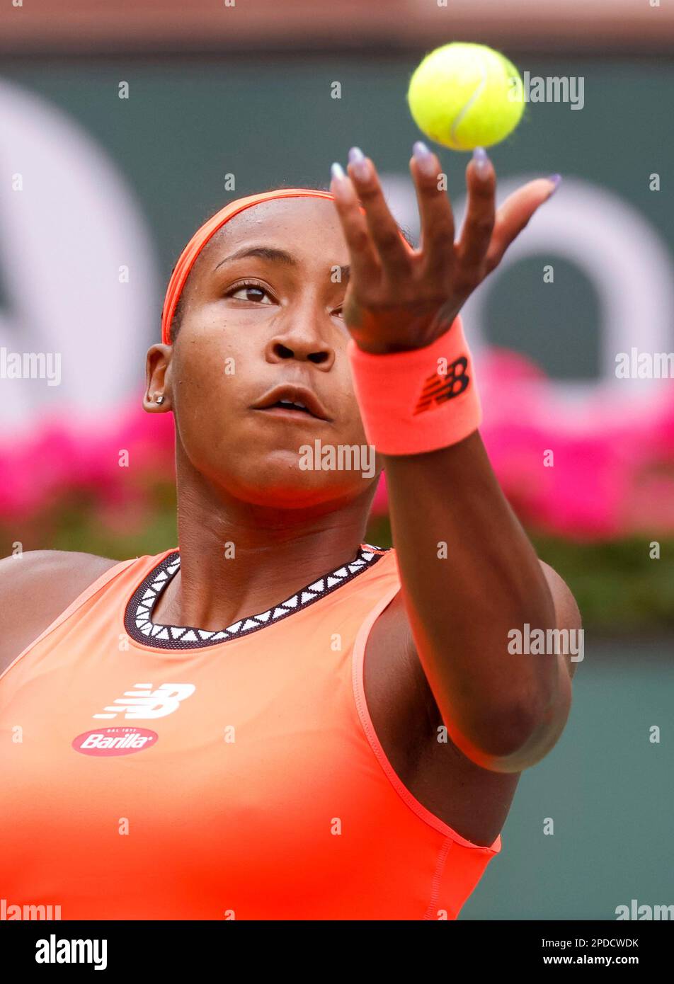 March 14, 2023 Coco Gauff serves against Rebecca Peterson of Sweden