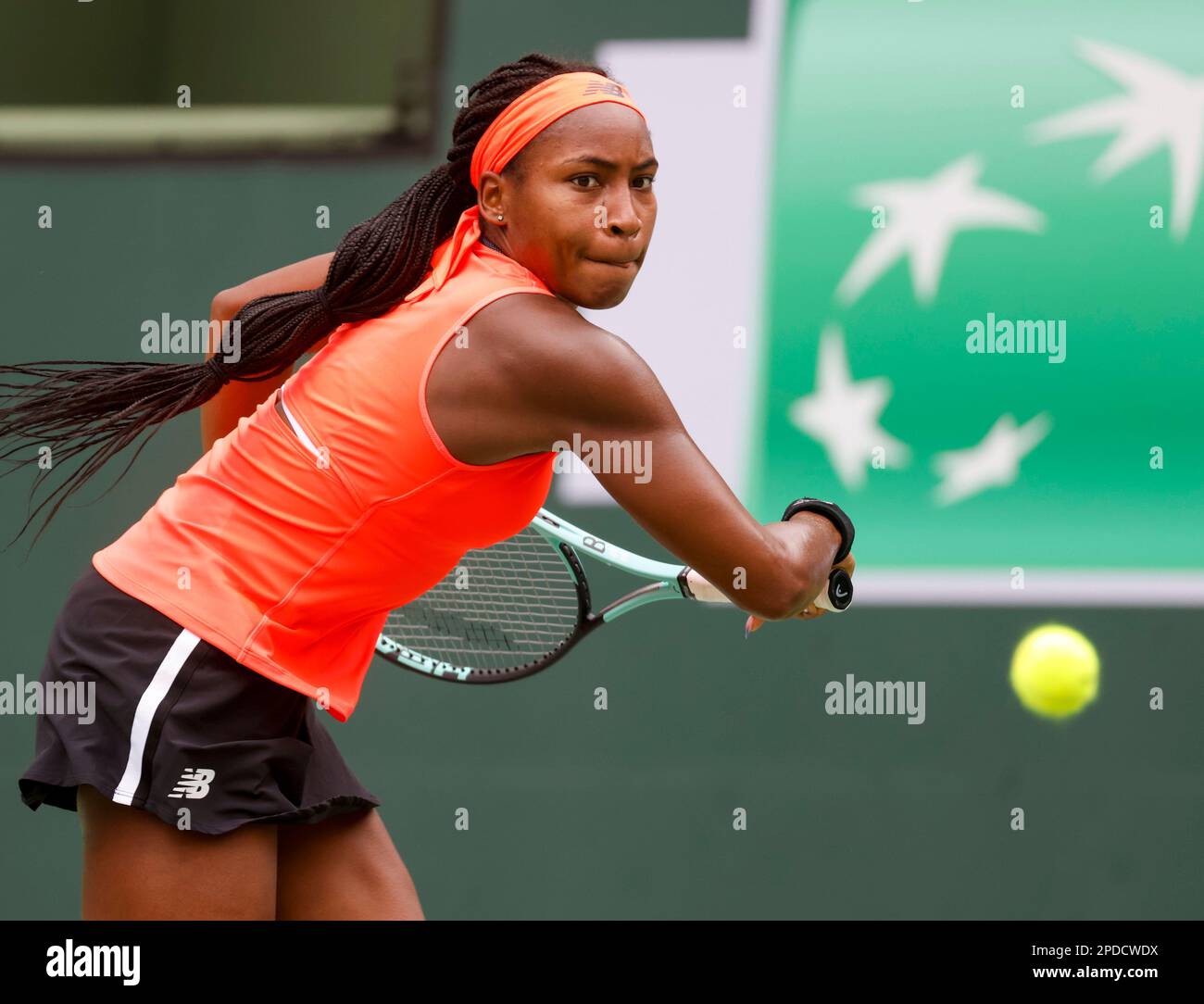 March 14, 2023 Coco Gauff returns a shot against Rebecca Peterson of