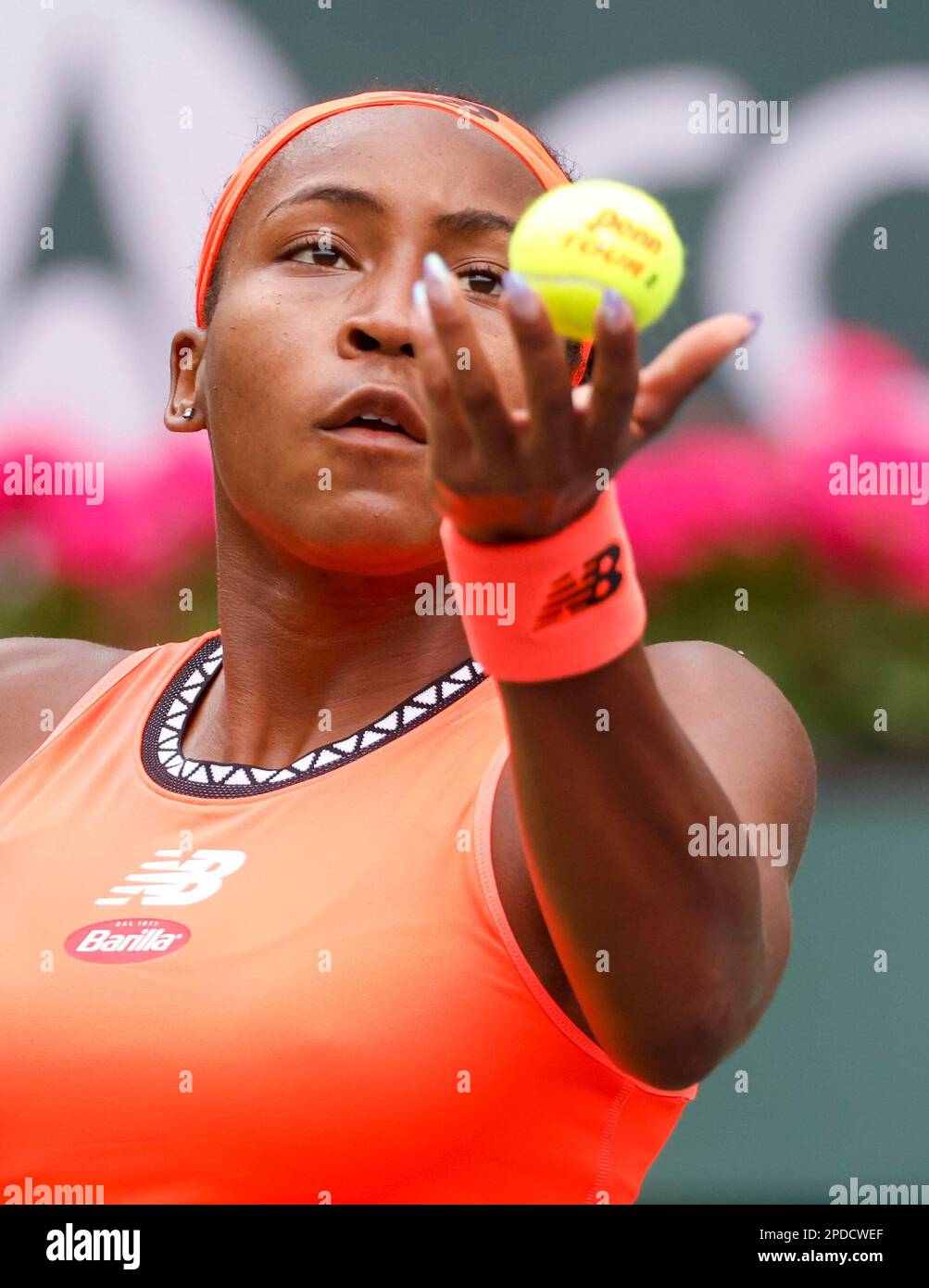 March 14, 2023 Coco Gauff serves against Rebecca Peterson of Sweden