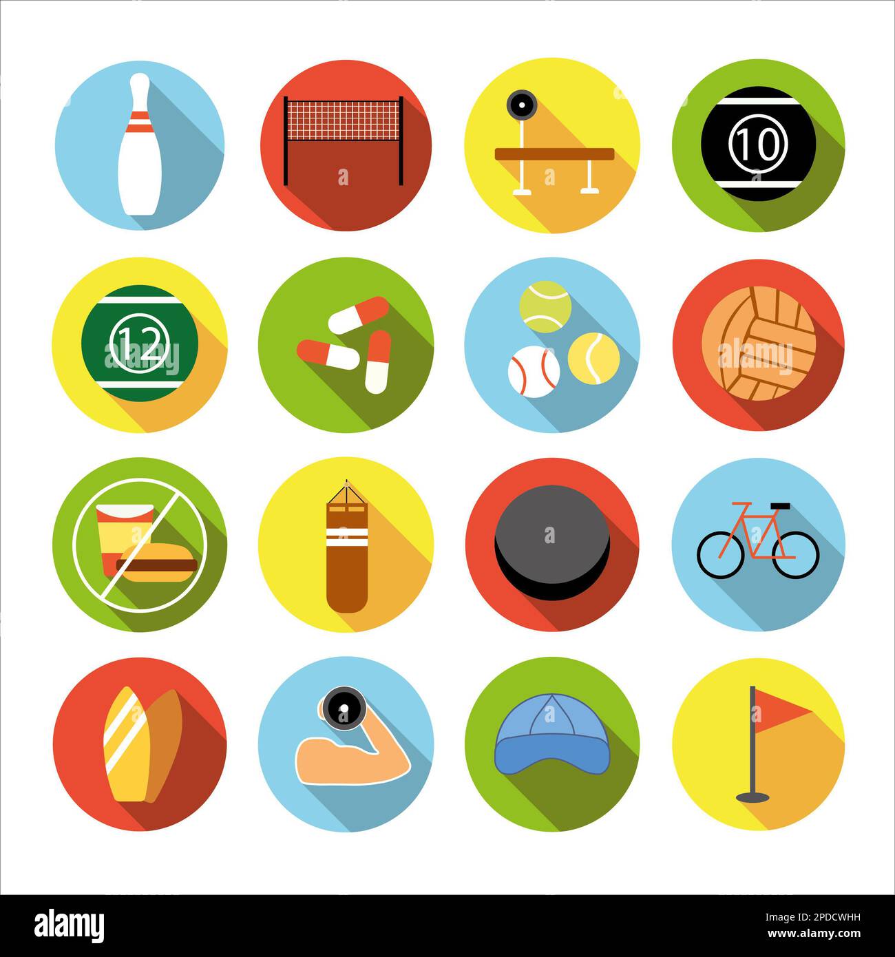 Collection of icons with different sports and healthy eating in flat ...