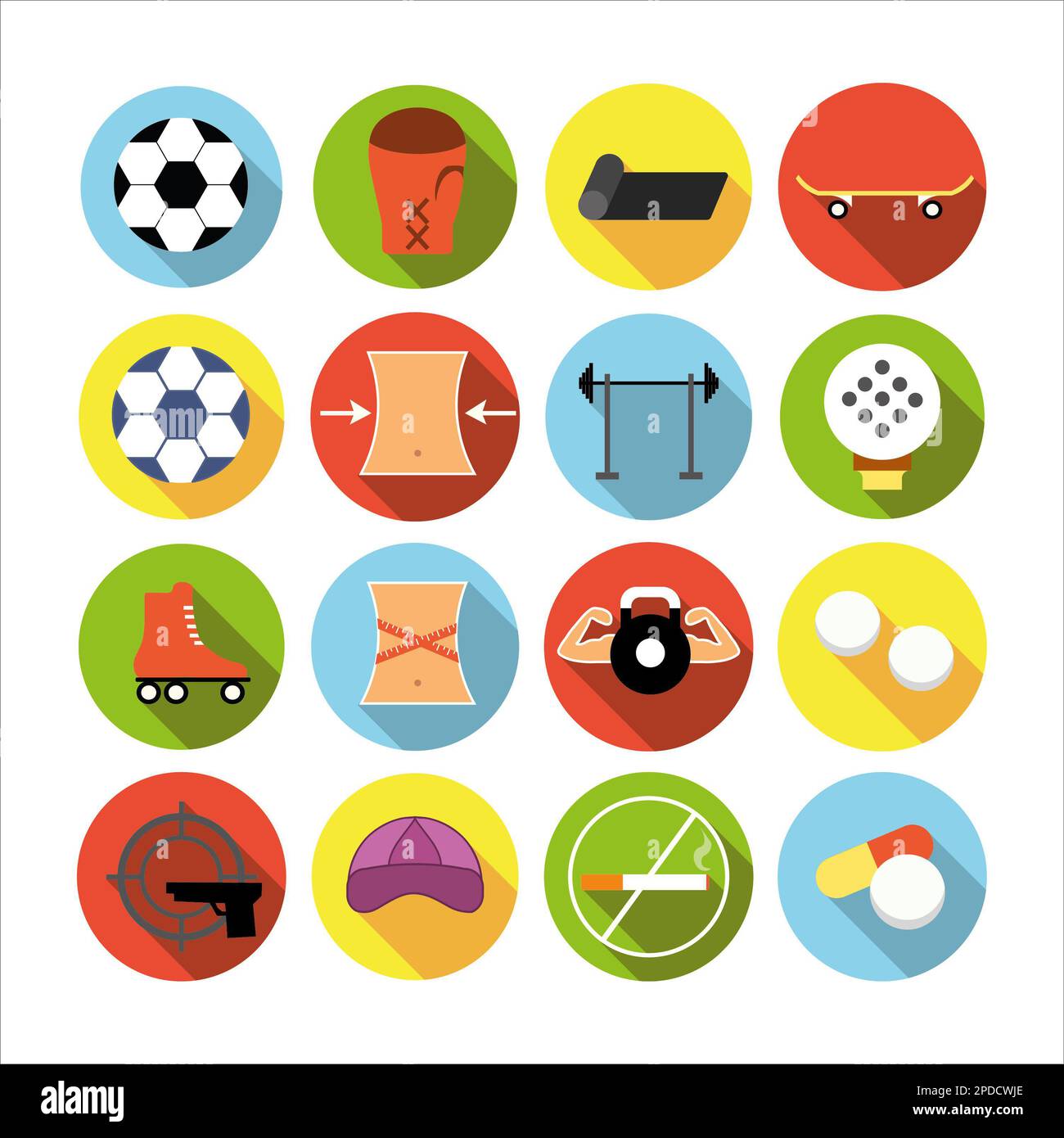 Collection of icons with different sports and healthy eating in flat ...