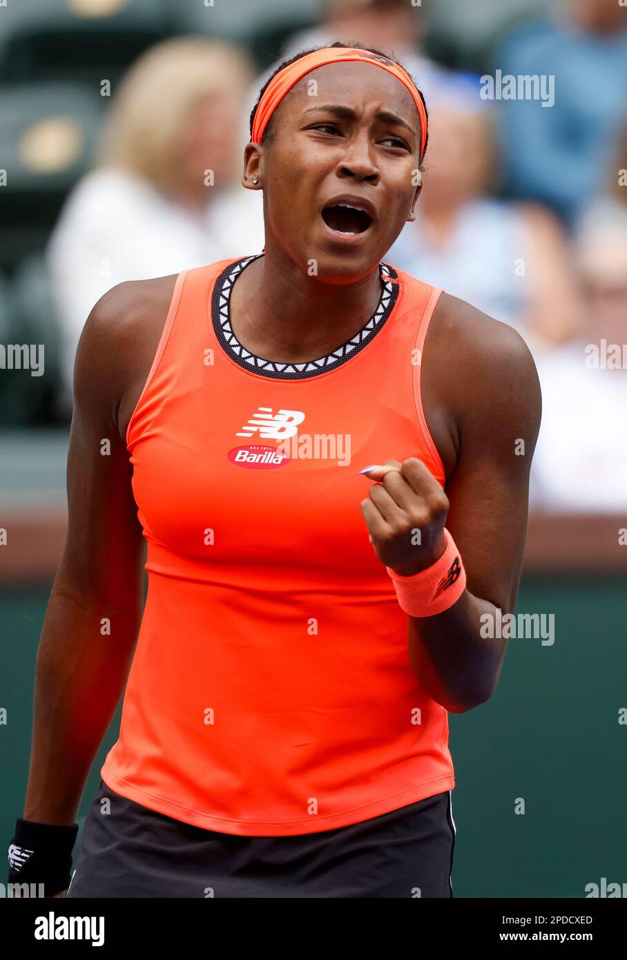 March 14, 2023 Coco Gauff celebrates winning a point against Rebecca