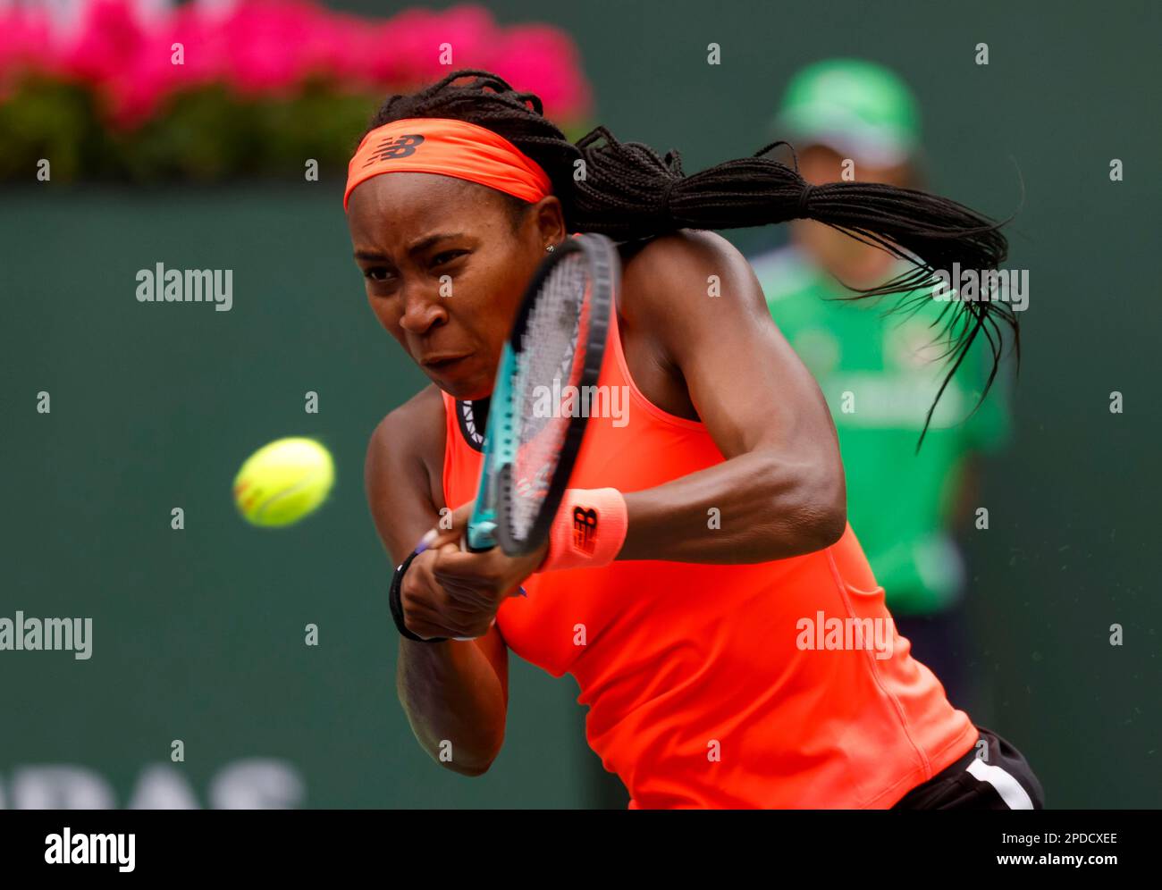 March 14, 2023 Coco Gauff returns a shot against Rebecca Peterson of