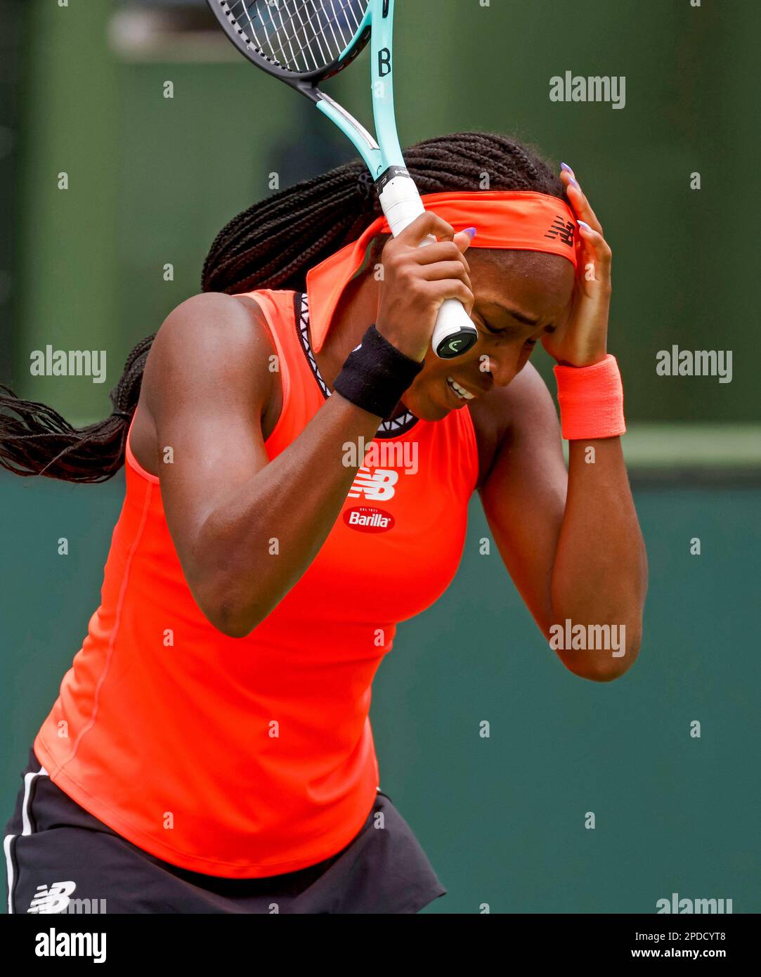 March 14, 2023 Coco Gauff reacts to missing a shot against Rebecca