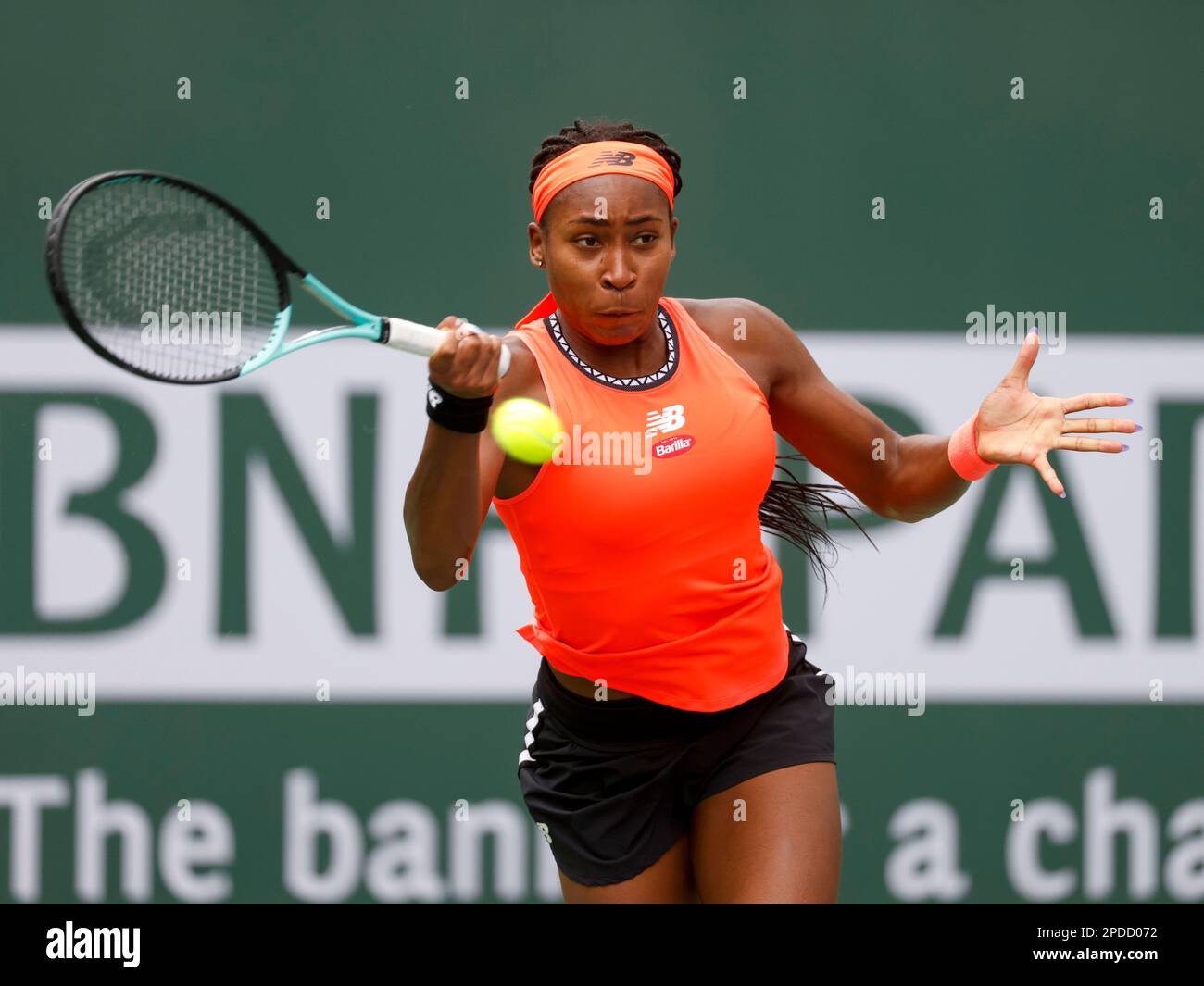 March 14, 2023 Coco Gauff returns a shot against Rebecca Peterson of
