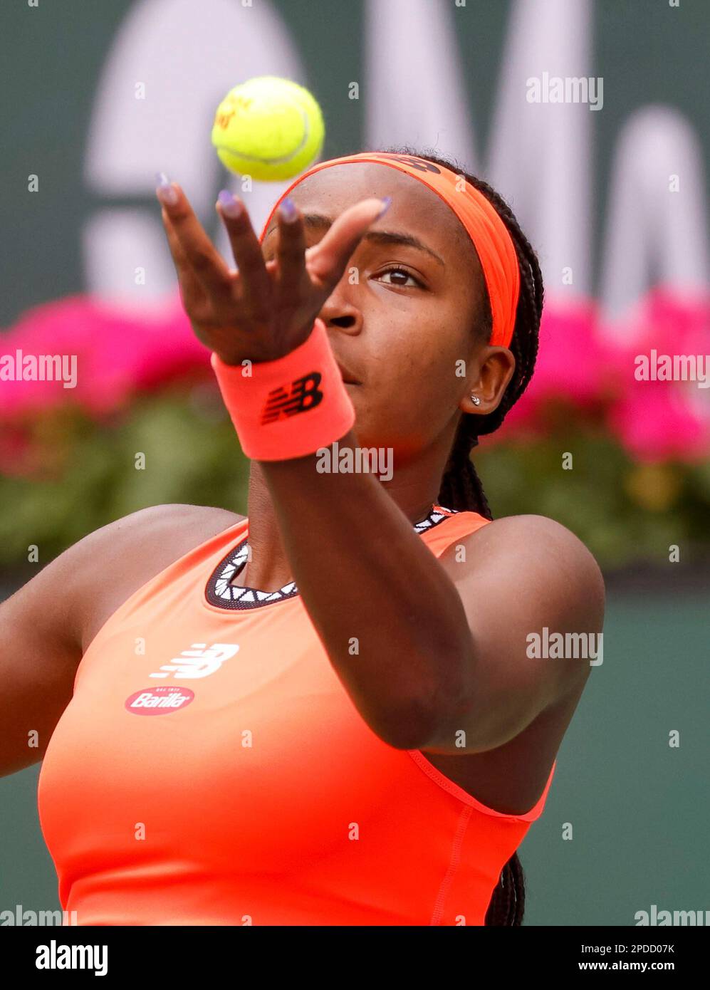 March 14, 2023 Coco Gauff serves against Rebecca Peterson of Sweden