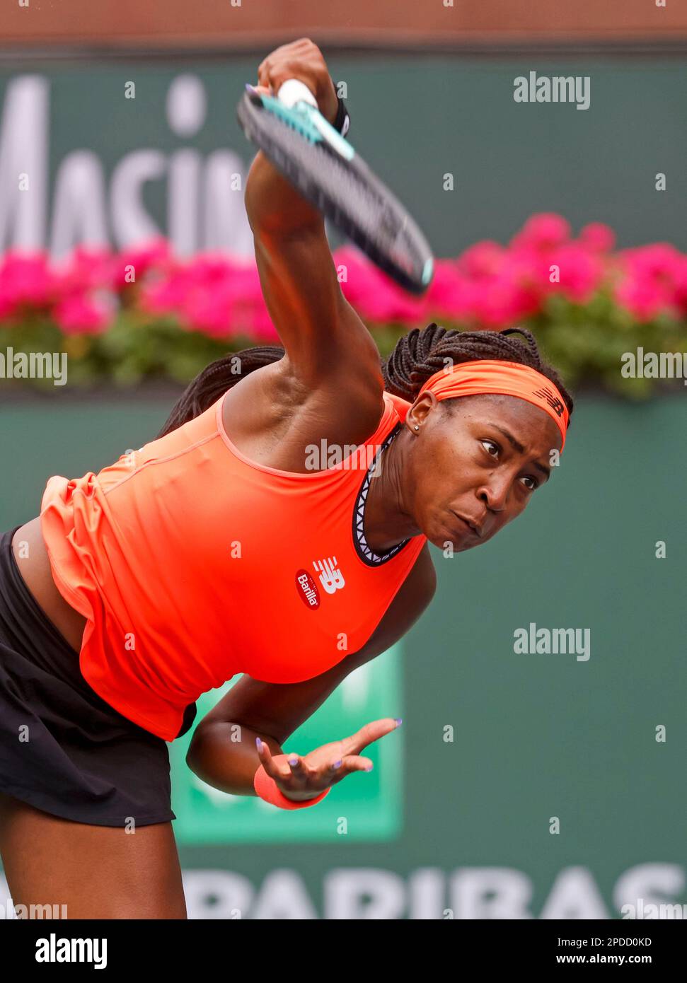 March 14, 2023 Coco Gauff serves against Rebecca Peterson of Sweden