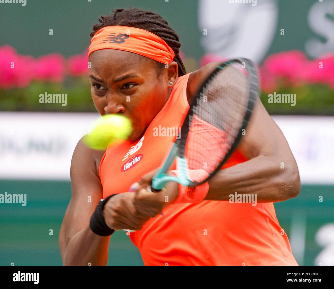 March 14, 2023 Coco Gauff returns a shot against Rebecca Peterson of