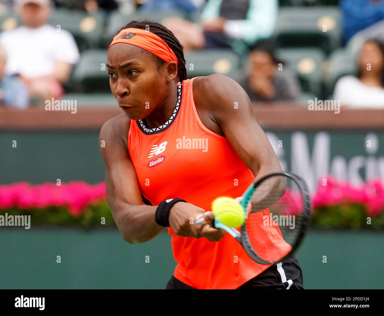 March 14, 2023 Coco Gauff returns a shot against Rebecca Peterson of