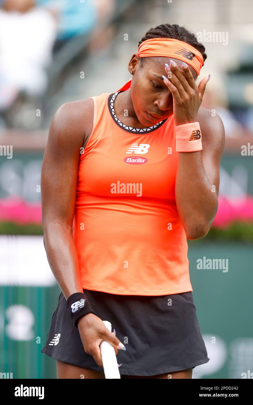 March 14, 2023 Coco Gauff reacts to missing a shot against Rebecca