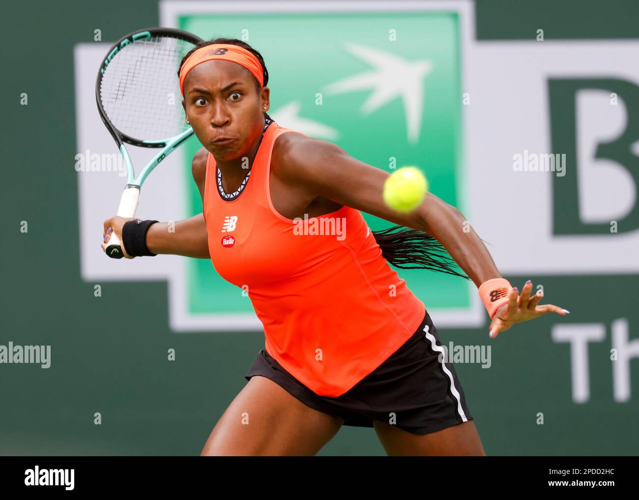 March 14, 2023 Coco Gauff returns a shot against Rebecca Peterson of