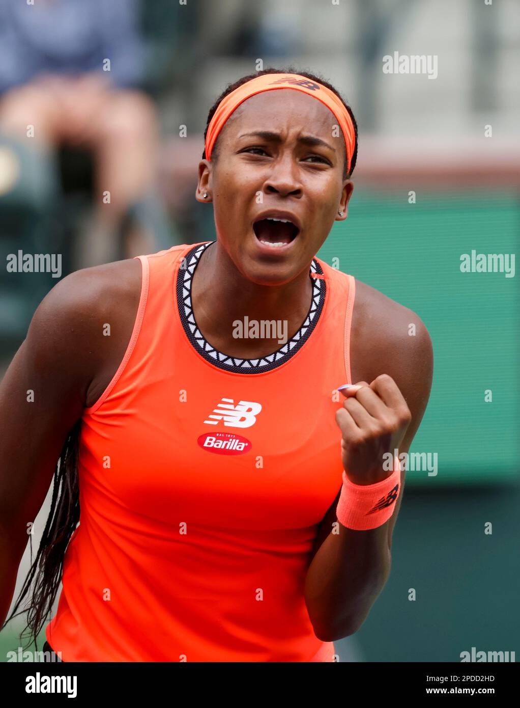 March 14, 2023 Coco Gauff celebrates winning a point against Rebecca