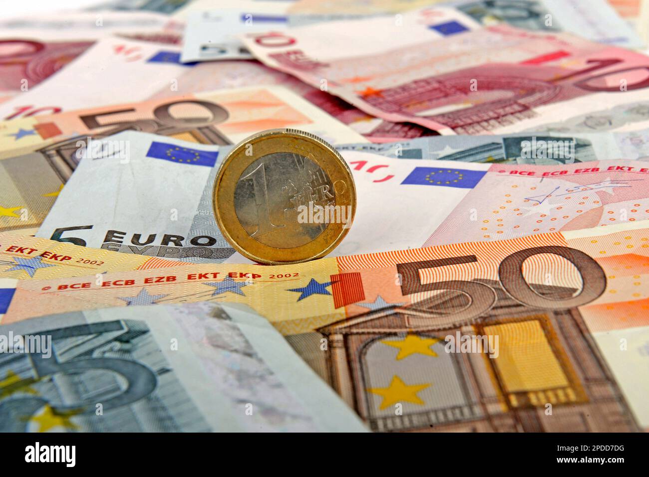 different Euro bills and a 1 Euro coin Stock Photo