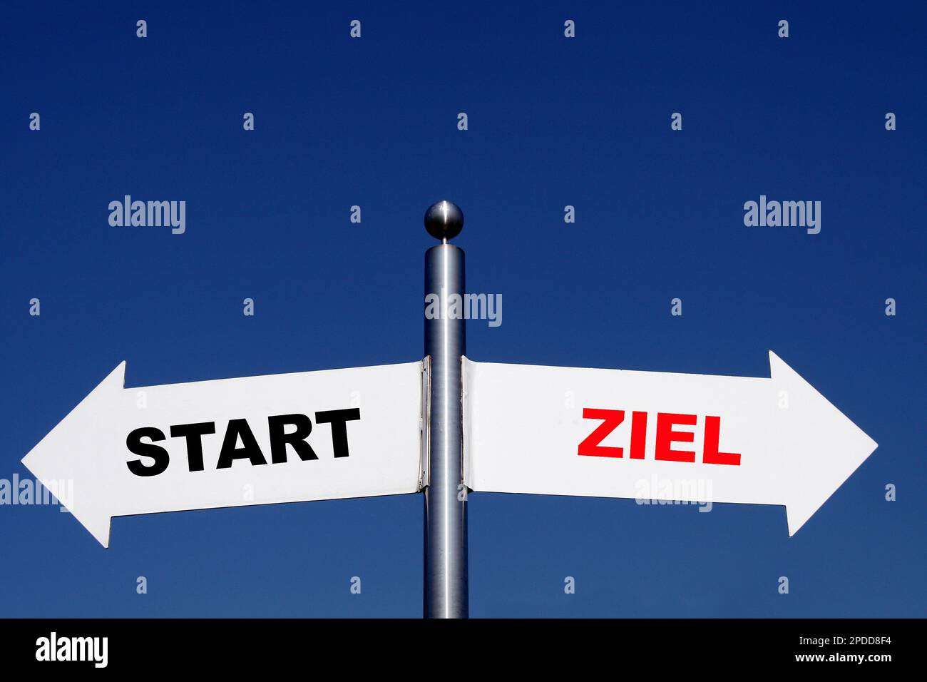 signposts pointing in different directions, options Start - Ziel, start - destination Stock Photo