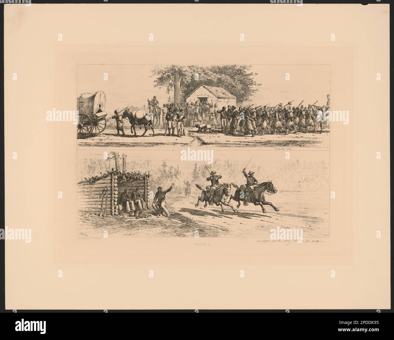 A thirsty crowd Newspapers for the Army. The race for camp / / E. Forbes.. Popular graphic art print filing series , FGardiner Greene Hubbard collection . Springhouses, 1860-1870, Zouaves, 1860-1870, Soldiers, Union, 1860-1870, Troop movements, Union, 1860-1870, Newspapers, 1860-1870, Horseback riding, 1860-1870, Log buildings, 1860-1870, United States, History, Civil War, 1861-1865, Military personnel, Union, United States, History, Civil War, 1861-1865, Communications, Union. Stock Photo