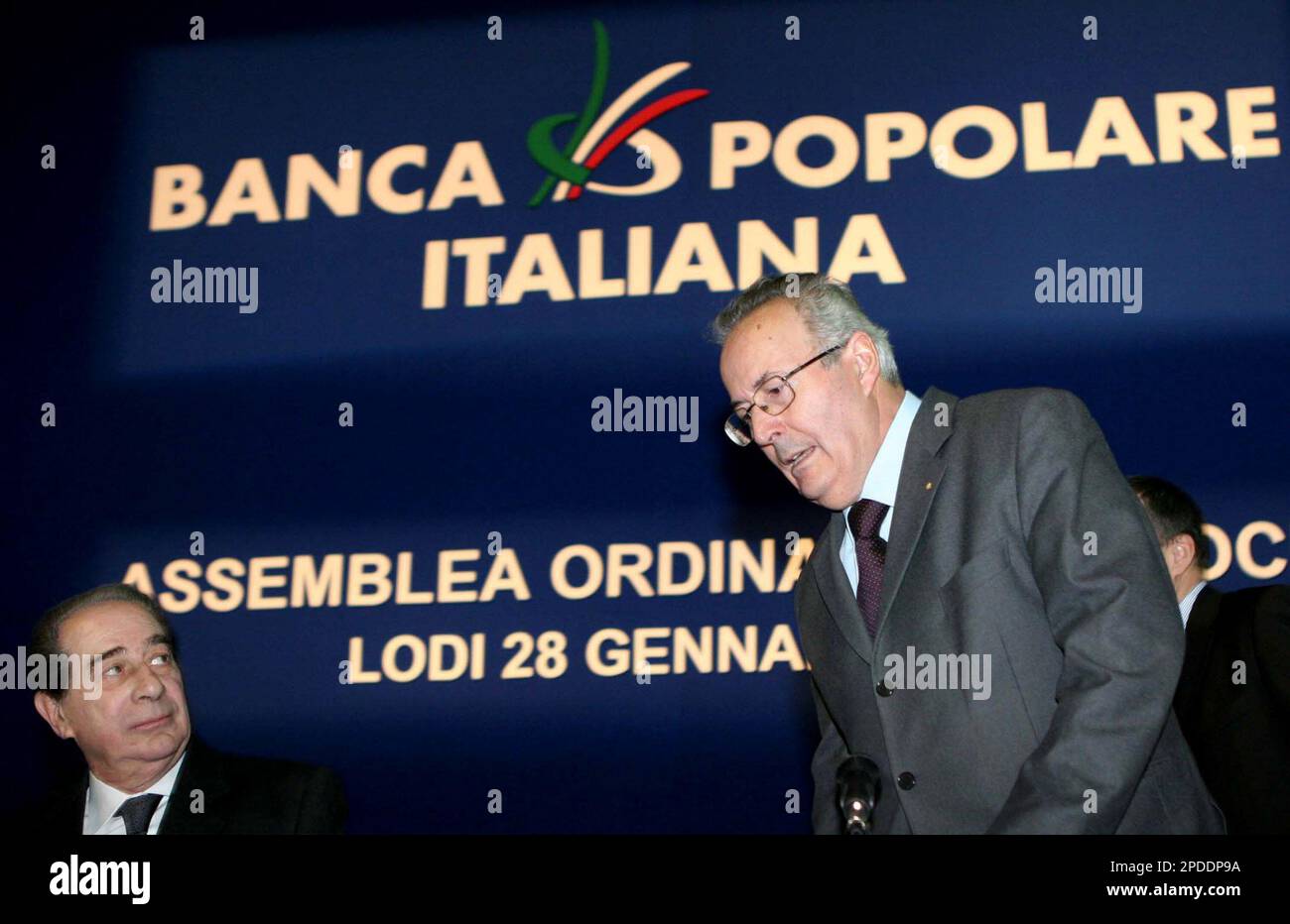 Banca Popolare Italiana bank president Giovanni Benevento, left, and Divo Ronchi, managing director, attend the members general assembly in Lodi, Italy, Saturday Jan. 28, 2006. (AP Photo) Stock Photo