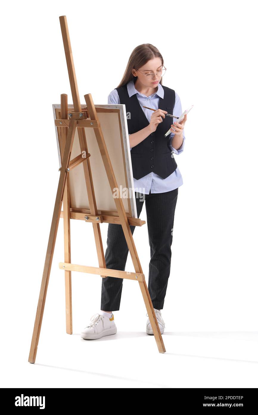 Drawing teacher with brush, paints and easel on white background Stock