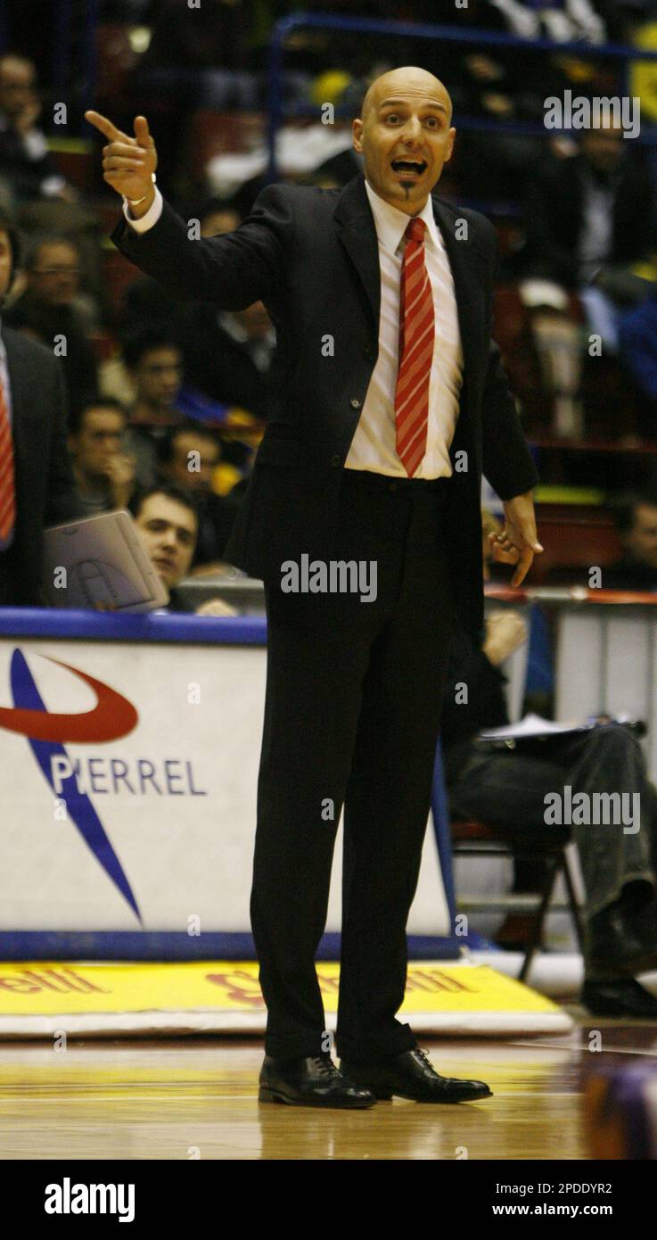 Armani Jeans Milano basketball team new coach Sasha Djordjevic of Serbia  and Montenegro, reacts during a Euroleague basketball match between Armani  Jeans Milano and Maccabi Tel Aviv, in Assago, near Milan, Italy,