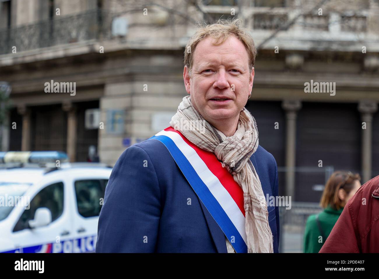 Marseille, France. 11th Mar, 2023. Pierre Dharreville, French deputy of the French Communist Party (PCF), seen during the 7th day of demonstration. During the 7th day of mobilization against the new pension reform wanted by the French government, Jean-Luc Mélenchon, leader of the party ''La France Insoumise'' (LFI) and the deputies Manuel Bompard, Sébastien Delogu and Hendrik Davy gave their support to the Marseille demonstrators. (Credit Image: © Denis Thaust/SOPA Images via ZUMA Press Wire) EDITORIAL USAGE ONLY! Not for Commercial USAGE! Stock Photo