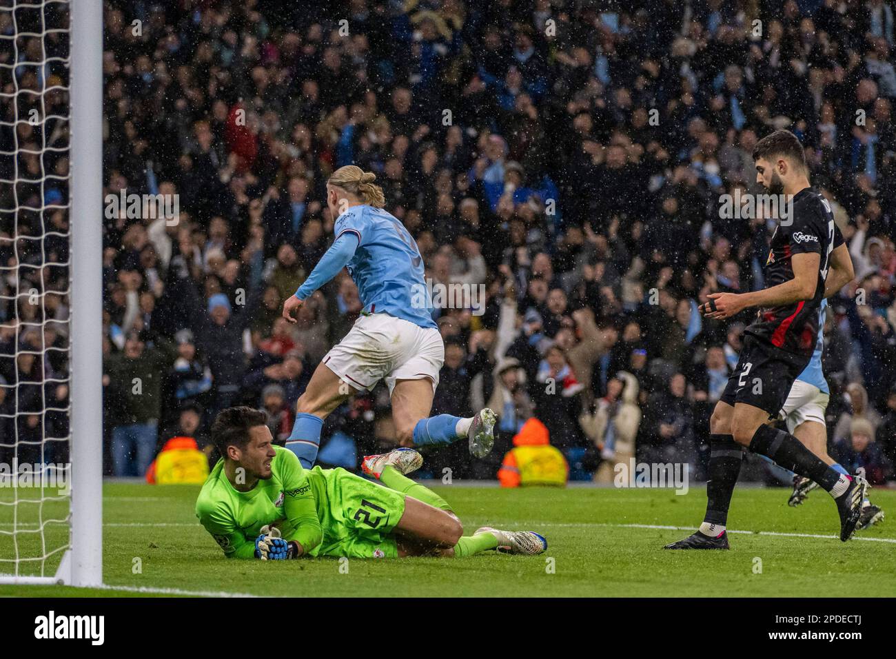 Manchester, UK. 14th Mar, 2023. Erling Haaland of Manchester City celebrates after he scores his second goal (2-0) during the UEFA Champions League round of 16 leg two match between Manchester City and RB Leipzig at Etihad Stadium on March 14, 2023 in Manchester, United Kingdom. (Photo by Richard Callis/SPP) (Richard Callis/SPP) Credit: SPP Sport Press Photo. /Alamy Live News Stock Photo
