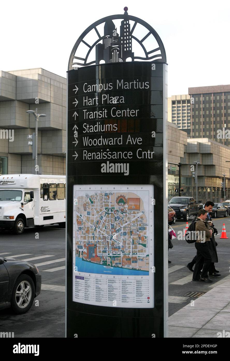 A kiosk to help visitors and residents get around downtown Detroit is